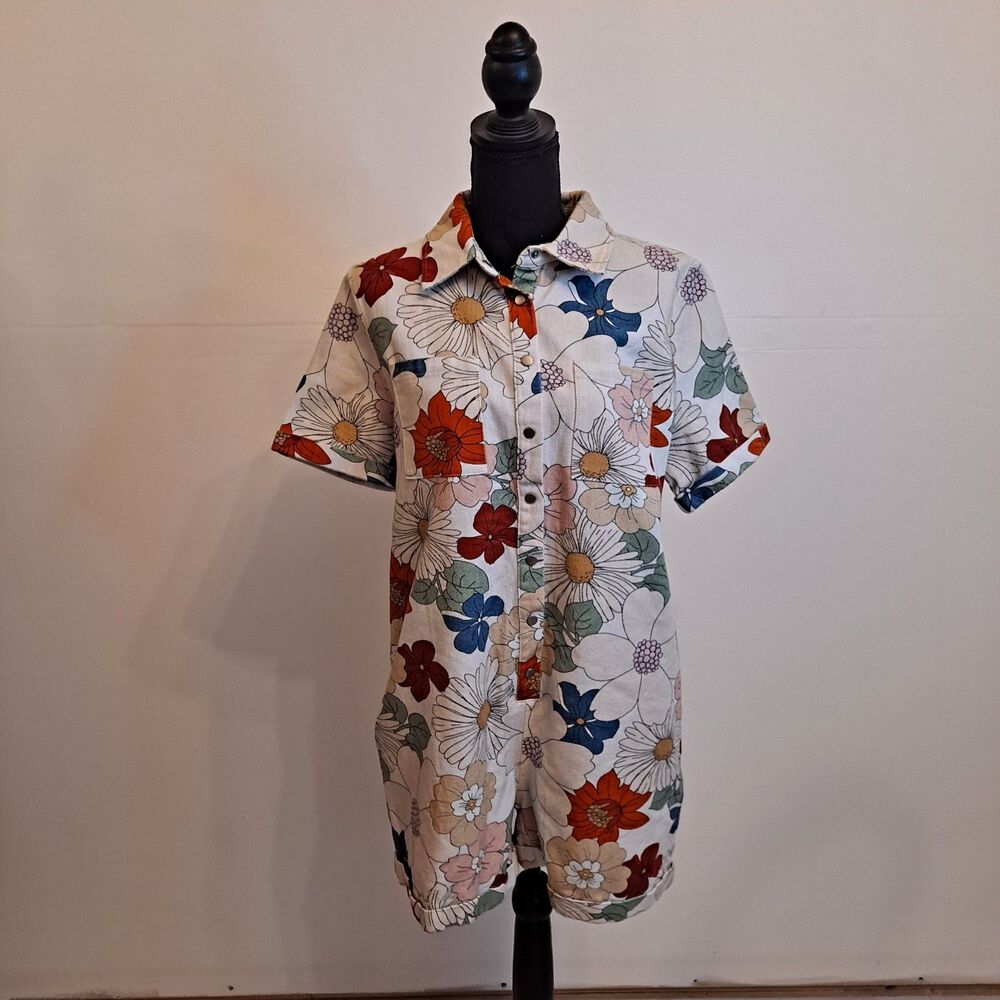 Storia Womens Romper Floral Denim Snap Closure Size M White Multicolor